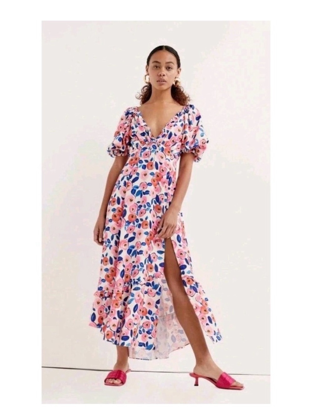 For love and lemons Floral Puff-Sleeve V-Neck Maxi Dress in Pink